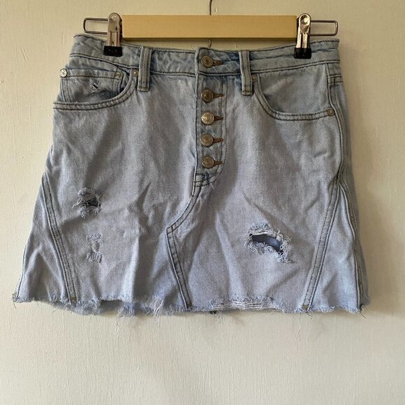 We the Free Denim Skirt Women's Size 26 Button Fly Jean Skirt Distressed Raw Hem - Picture 1 of 5